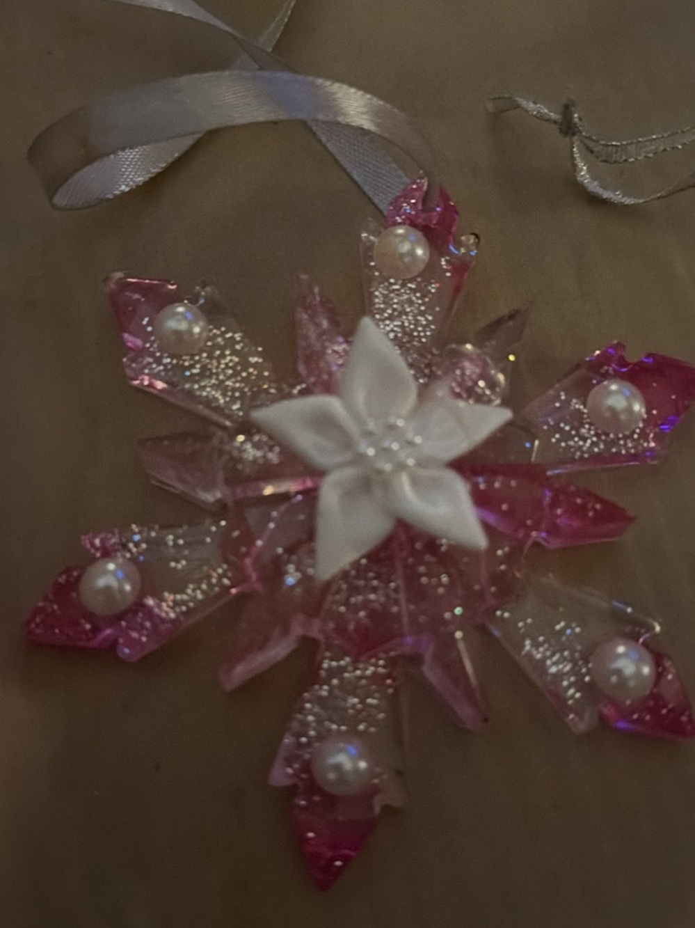 Pink Snowflake Holiday Ornament with Pearl Accents